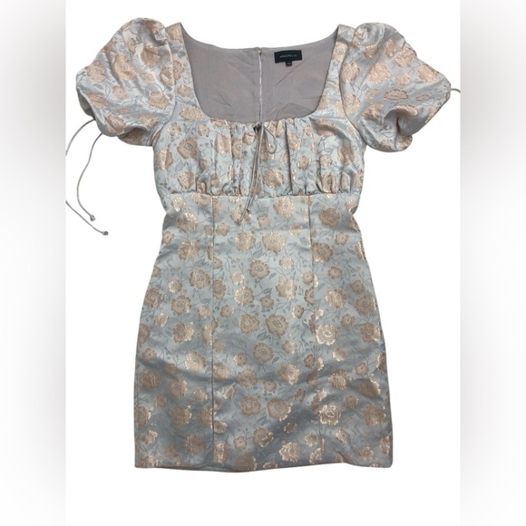 Majorelle Baby Blue Puff Sleeve Mini Dress with Peach Floral Print. Size Small - Picture 2 of 10